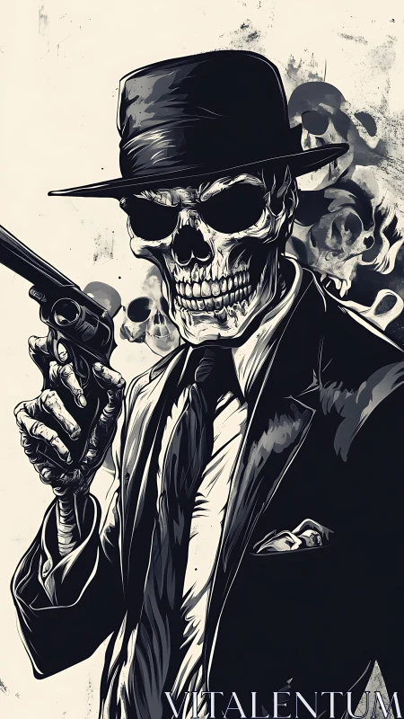 Skeletal hitman in noir suit gripping revolver illustration.