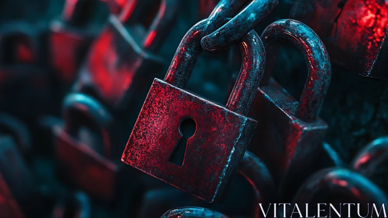 Rusty padlocks hang in moody red and teal cyber lighting