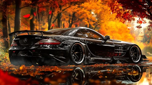 Digital painting of black supercar in reflective autumn forest scene.
