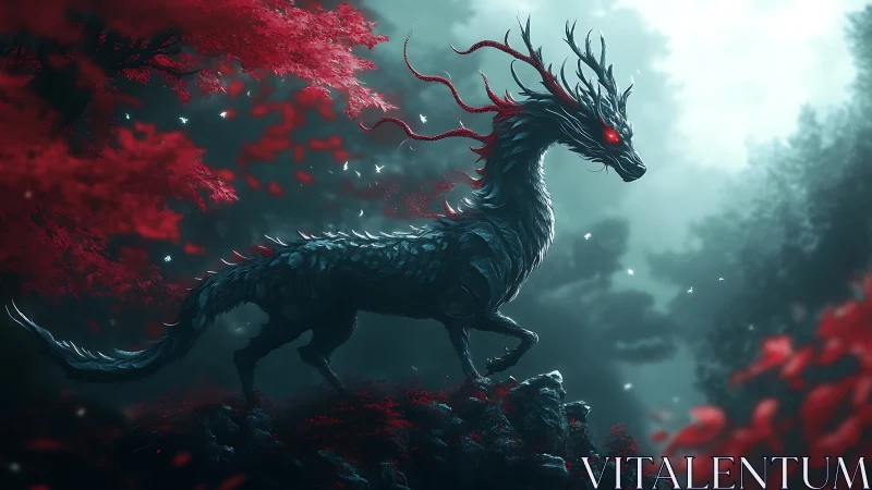 Dark quadruped dragon stands on rocks in red forest mist