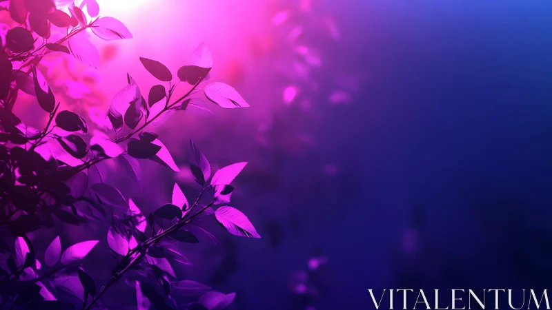 Vibrant leaves silhouette with dreamy pink and blue lighting.