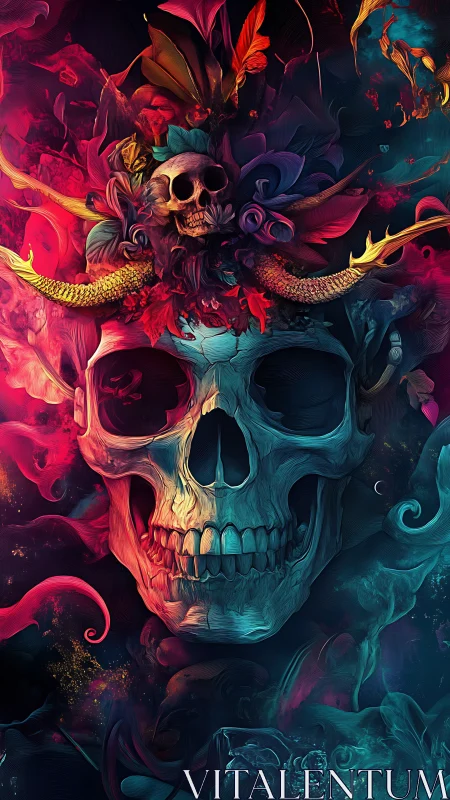 Bioluminescent skull mandala with baroque floral and horn array