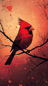 Crimson cardinal glows against ember-brushed evening sky.
