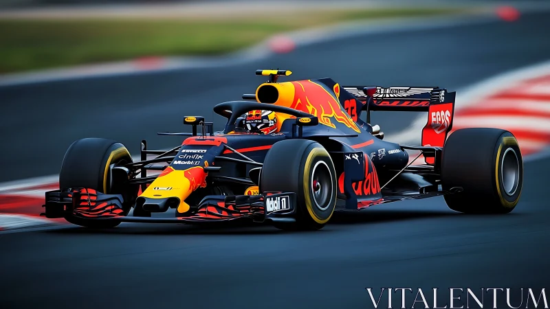 Red Bull Formula car carving a fast apex on race circuit.