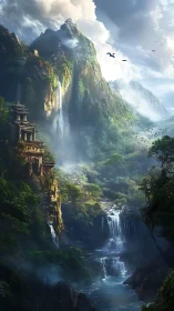 Mountain temple over misty waterfalls in dense forest.