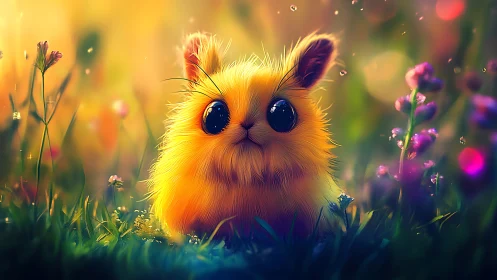 Fluffy yellow creature under dreamy sunset garden light.
