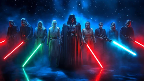 Sith warriors ignite glowing lightsabers in a nebula haze.
