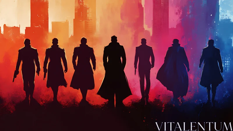 Silhouetted figures walk toward a color graded urban skyline