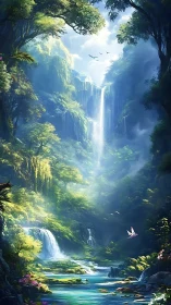 Vertical rainforest canyon with multi-tier waterfalls and volumetric light