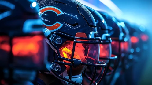 Row of football helmets under stadium lights with wet glossy shells