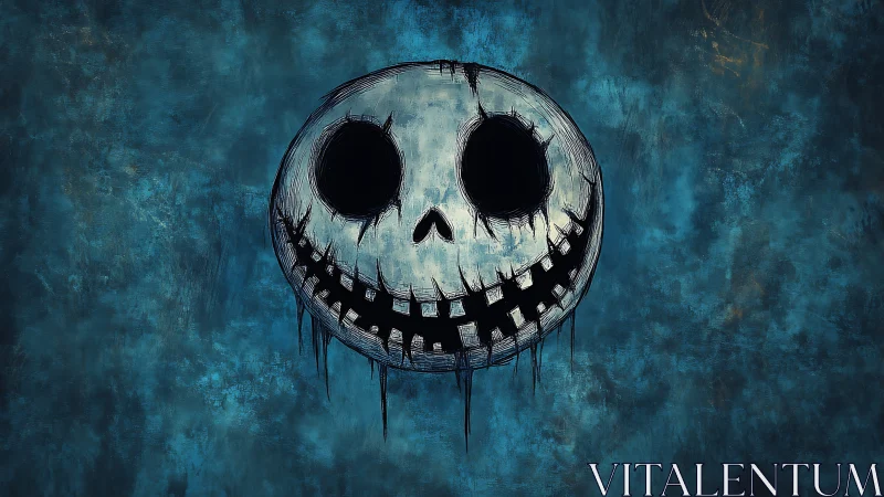 Grinning ink-dripped skull moon floats on stormy blue haze.