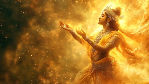 Radiant mythic figure rendered in golden volumetric light field