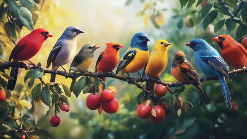 Colorful songbirds perched on fruit tree branch in vibrant style.