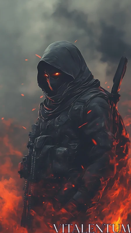 Hooded armored figure stands amid rising flames and smoke