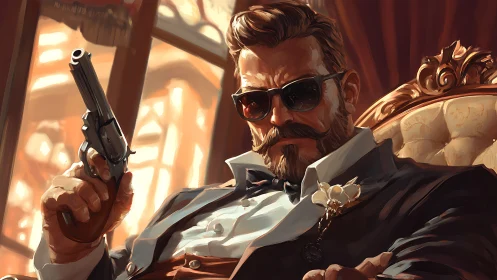 Armed gentleman reclines in opulent chair, warm backlight.