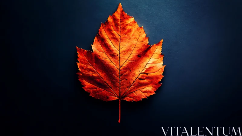 Autumn leaf glows against deep blue minimal backdrop.