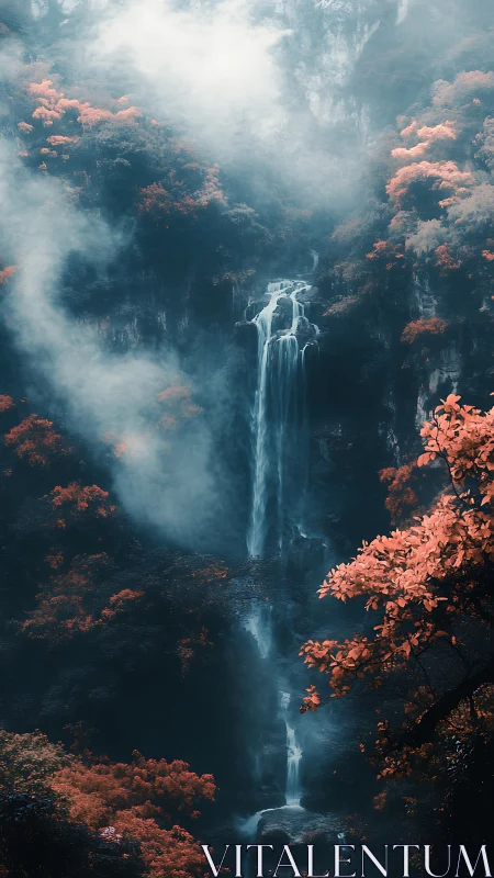 Enchanted vertical waterfall amid mist and coral forest.