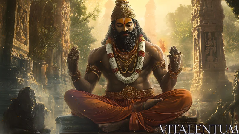 Serene sage in golden temple ruins wrapped in quiet light.