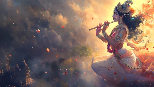 Divine flutist drifts through petals and stormlit heavens.