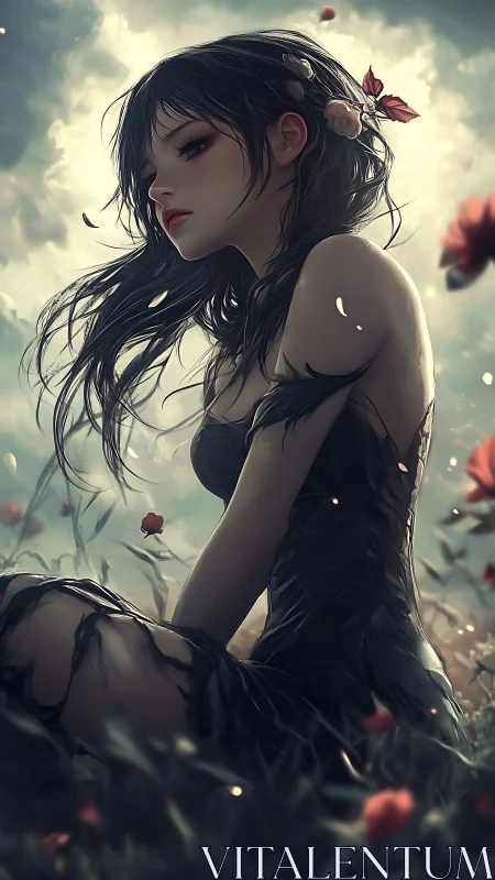 Moody anime portrait in backlit wildflower field composition.