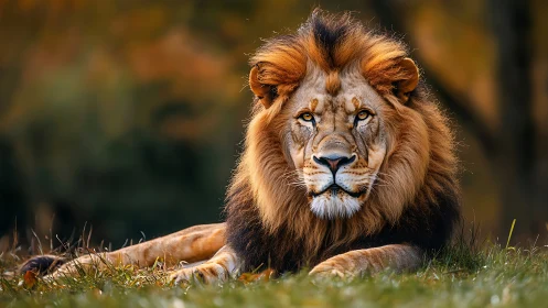 Male lion lying in grass with sharp focused portrait.