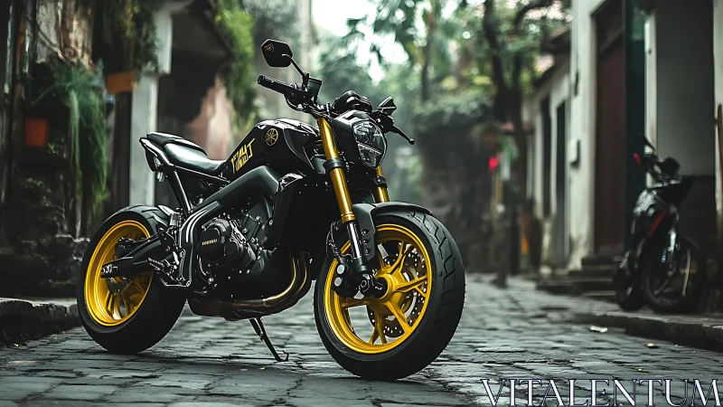 Modern street motorcycle is parked on a cobblestone alleyway