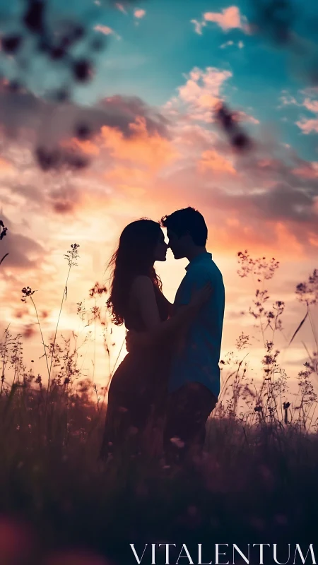 Romantic couple silhouette kissing in wildflower field at sunset.