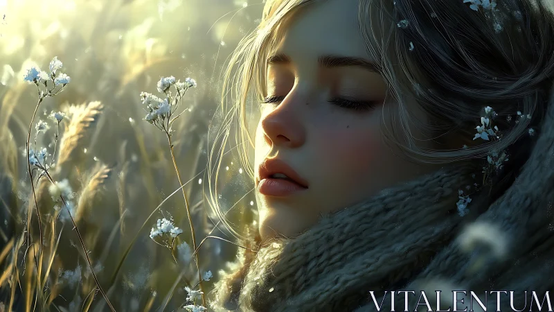 Digital portrait shows closed-eyed figure amid frosted plants