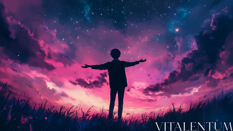 Silhouetted figure embraces vivid pink twilight sky