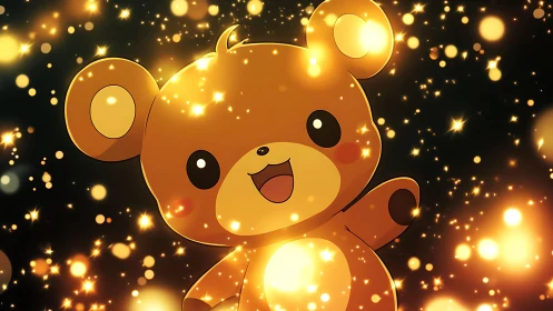 Sparkle-happy teddy bear swimming in golden starlight.