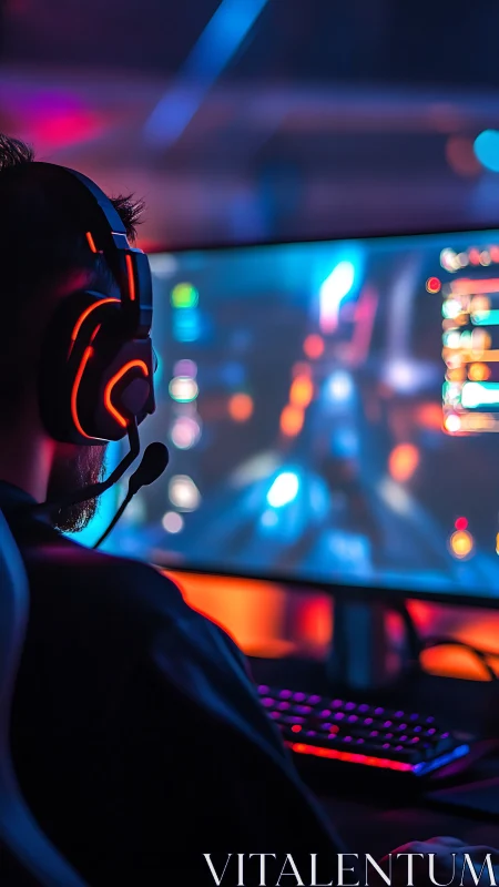Gamer with RGB headset focuses on blurred action display