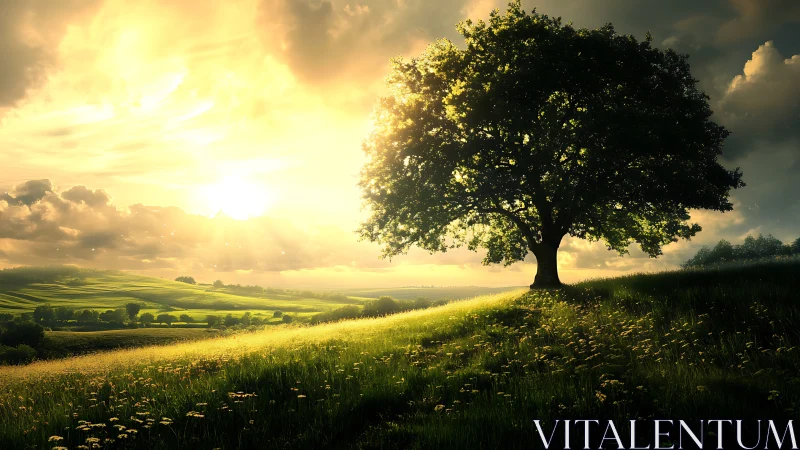 Solitary oak crowns sunlit hillside under golden sky.