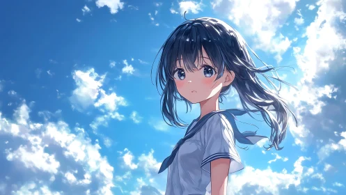 Anime girl in sailor uniform under bright blue sky.