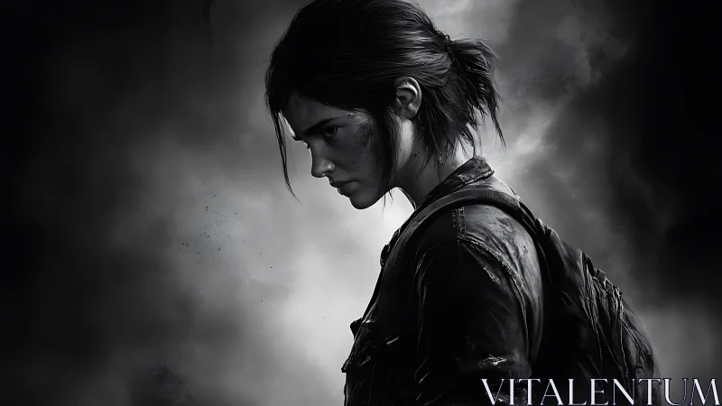 Stormlit survivor girl framed in brooding monochrome haze.