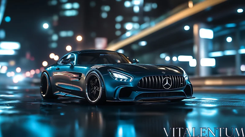 Low-angle render of metallic blue sports coupe on neon city street