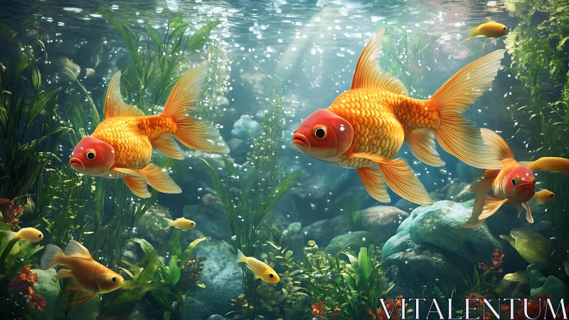 Bright orange goldfish swimming in lush underwater tank.