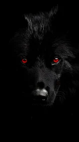 Midnight wolf sentinel with ember-red, unblinking eyes.