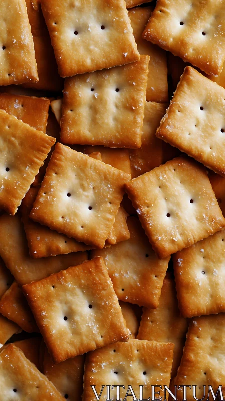 Stacked square crackers with perforations and salt granules visible.