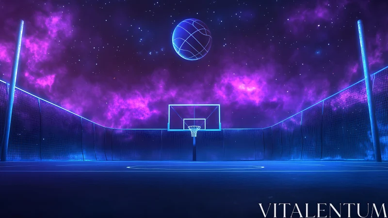 Neon-lit cosmic basketball court with levitating holographic ball