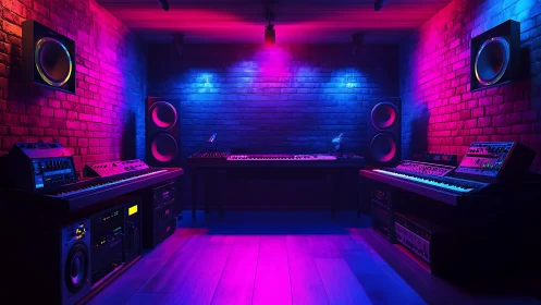 Cozy neon music studio glowing with creative energy.