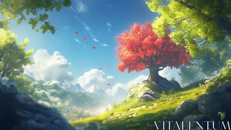 Scarlet hilltop tree glows gently above a bright green valley