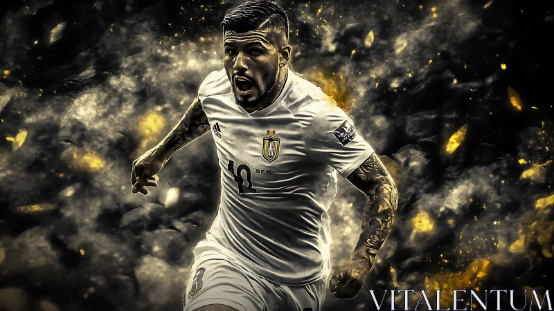 Dynamic soccer star charging through glowing golden haze.