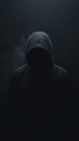 Hooded shadowed figure stands in eerie cinematic darkness