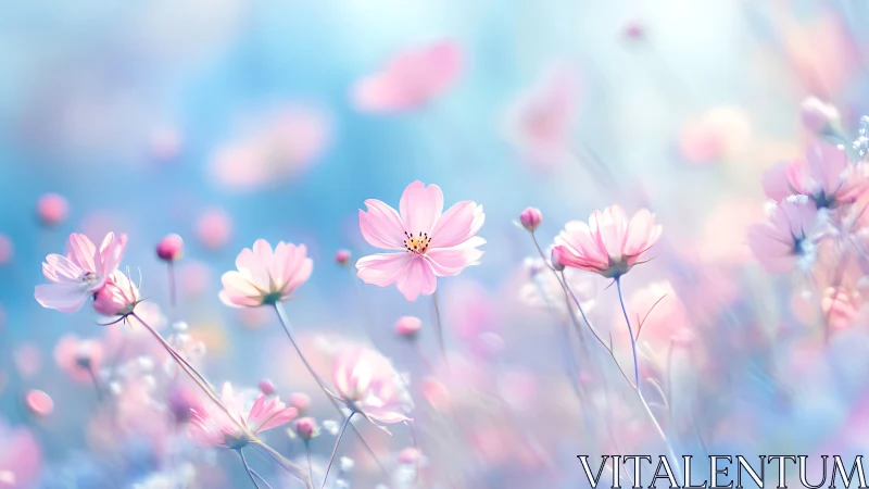 Pink Cosmos Petals Dance Through Soft Blue Dreamscape