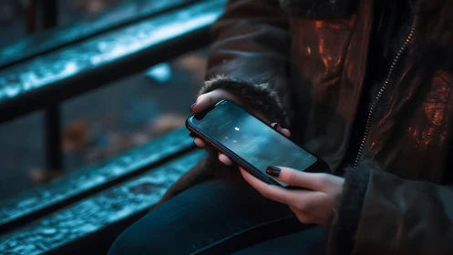 Digital Connection: Phone Glowing in Urban Evening Light.