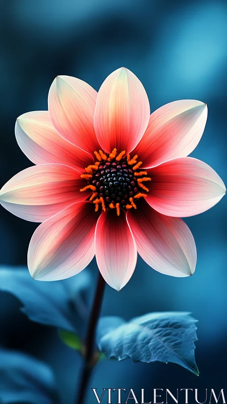 Macro close-up of coral-pink dahlia bloom on cool blue bokeh
