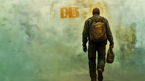 Solitary traveler walks toward hazy wall in muted palette