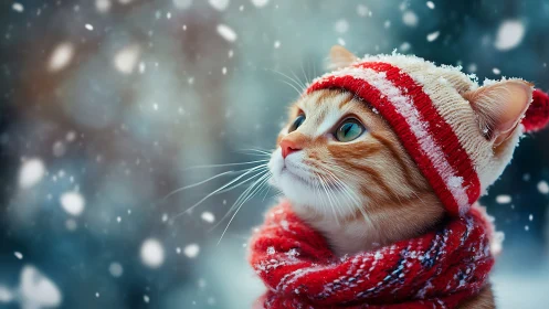 Cat in Red and White Winter Hat with Snowfall.