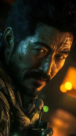 Close-up digital portrait of tactical male character at night.