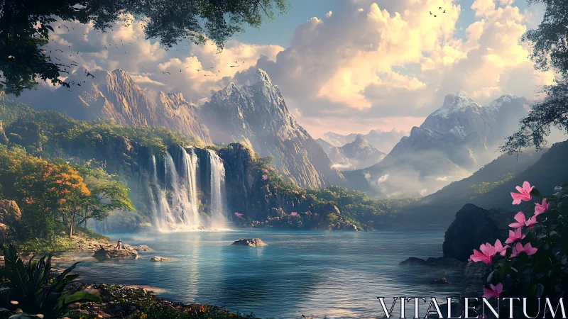 Sunlit waterfall valley framed by misty alpine peaks.